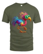 Colorful Big Eyed Cartoon Bird Whimsical Fantasy Graphic T Shirt - military green t-shirt on white background