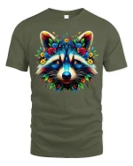Colorful Raccoon Face Floral Art Fantasy Illustration Graphic T Shirt - military green t-shirt on white background