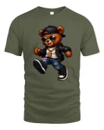 Cool Hip Hop Bear Cartoon Graphic T Shirt Street Style Art - military green t-shirt on white background