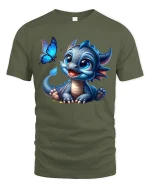 Cute Baby Dragon Cartoon Graphic T Shirt Magical Fantasy Art - military green t-shirt on white background