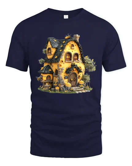 Whimsical Honey Cottage Illustration Graphic T Shirt Cozy Art - navy t-shirt on white background