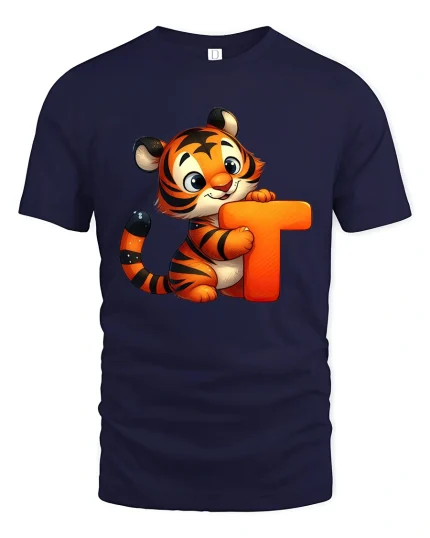 Cute Tiger Alphabet Letter T Illustration Graphic T Shirt - navy t-shirt on white background