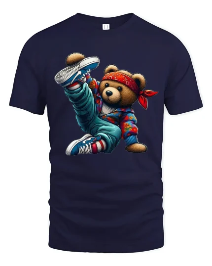 Cool Breakdance Teddy Bear Cartoon Illustration Graphic T Shirt - navy t-shirt on white background