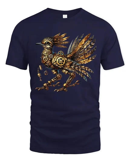Steampunk Mechanical Raven Clockwork Bird Illustration Graphic T Shirt - navy t-shirt on white background