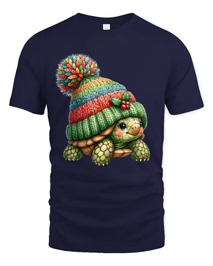 Cute Turtle Wearing Knit Beanie Cozy Winter Illustration Graphic T Shirt - navy t-shirt on white background