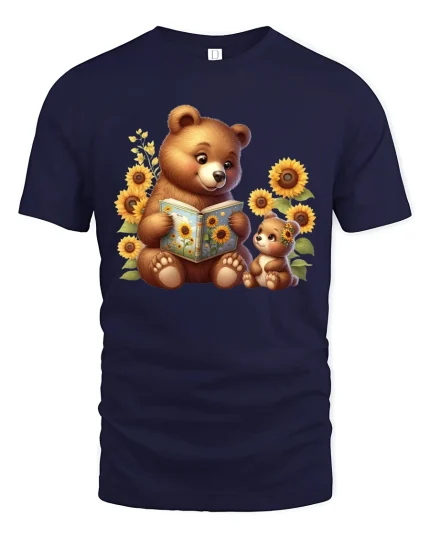Cute Bear Reading Book With Sunflowers Cozy Illustration Graphic T Shirt - navy t-shirt on white background