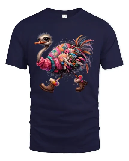 Colorful Ostrich Wearing Sweater And Boots Whimsical Graphic T Shirt - navy t-shirt on white background
