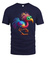 Colorful Big Eyed Cartoon Bird Whimsical Fantasy Graphic T Shirt - navy t-shirt on white background