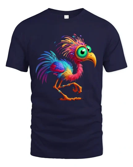 Colorful Big Eyed Cartoon Bird Whimsical Fantasy Graphic T Shirt - navy t-shirt on white background