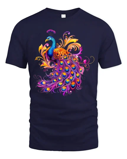 Colorful Peacock Feather Fantasy Illustration Graphic T Shirt - navy t-shirt on white background