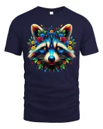 Colorful Raccoon Face Floral Art Fantasy Illustration Graphic T Shirt - navy t-shirt on white background