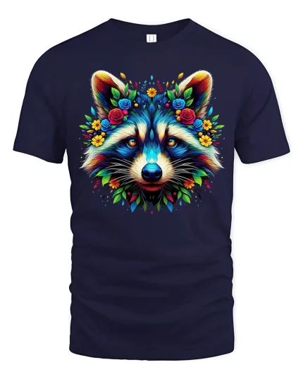 Colorful Raccoon Face Floral Art Fantasy Illustration Graphic T Shirt - navy t-shirt on white background