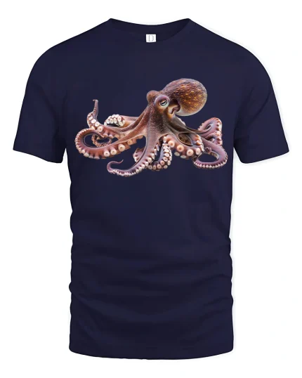 Realistic Ocean Octopus Illustration Artistic Sea Life Tshirt - navy t-shirt on white background