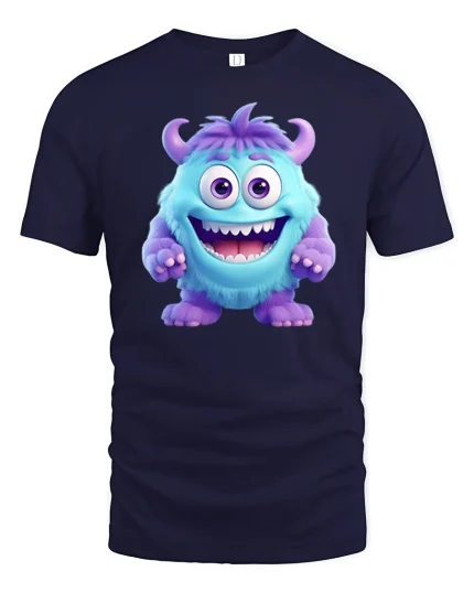 Cute Smiling Blue Monster Cartoon Illustration Funny Tshirt - navy t-shirt on white background