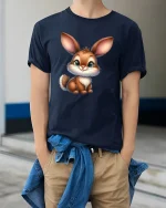 Cute Baby Bunny Cartoon Graphic T Shirt Sweet Adorable Art - model wearing navy tee with hands in pockets