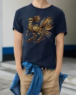 Steampunk Mechanical Raven Clockwork Bird Illustration Graphic T Shirt - model wearing navy tee with hands in pockets