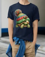 Cute Turtle Wearing Knit Beanie Cozy Winter Illustration Graphic T Shirt - model wearing navy tee with hands in pockets