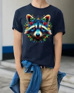 Colorful Raccoon Face Floral Art Fantasy Illustration Graphic T Shirt - model wearing navy tee with hands in pockets