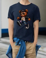 Cool Hip Hop Bear Cartoon Graphic T Shirt Street Style Art - model wearing navy tee with hands in pockets