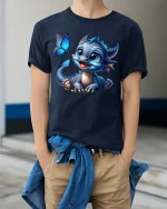 Cute Baby Dragon Cartoon Graphic T Shirt Magical Fantasy Art - model wearing navy tee with hands in pockets
