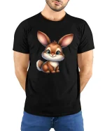 Cute Baby Bunny Cartoon Graphic T Shirt Sweet Adorable Art - model wearing black tee with hands behind back