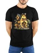 Whimsical Honey Cottage Illustration Graphic T Shirt Cozy Art - model wearing black tee with hands behind back