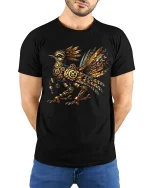 Steampunk Mechanical Raven Clockwork Bird Illustration Graphic T Shirt - model wearing black tee with hands behind back