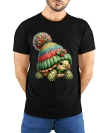 Cute Turtle Wearing Knit Beanie Cozy Winter Illustration Graphic T Shirt - model wearing black tee with hands behind back