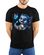 Cute Baby Dragon Cartoon Graphic T Shirt Magical Fantasy Art - model wearing black tee with hands behind back