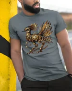Steampunk Mechanical Raven Clockwork Bird Illustration Graphic T Shirt - model wearing grey tee, leaning on column
