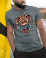 Tribal Lion Face Mandala Art Powerful Spirit Animal Graphic T Shirt - model wearing grey tee, leaning on column