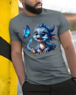 Cute Baby Dragon Cartoon Graphic T Shirt Magical Fantasy Art - model wearing grey tee, leaning on column