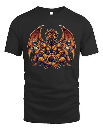 Chained Dragon Beast Guardian Graphic Tshirt With Fierce Mythic Power - black t-shirt on white background