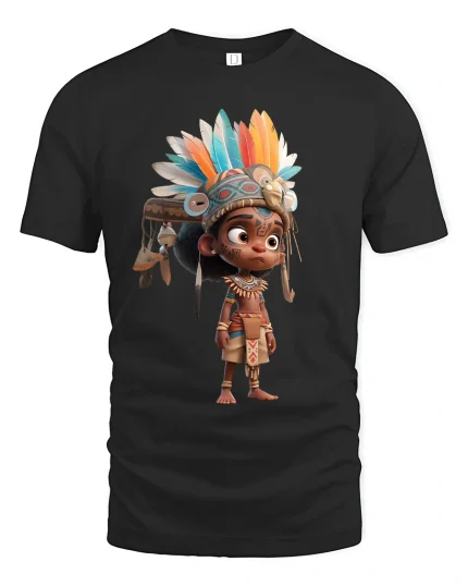 Colorful Tribal Spirit Child Fantasy Graphic Tshirt With Cultural Art - black t-shirt on white background