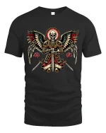 Holy Winged Skull Knight Fantasy Graphic Tshirt With Sacred Power - black t-shirt on white background