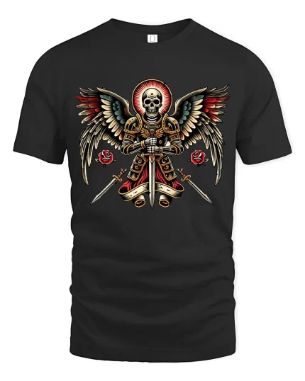 Holy Winged Skull Knight Fantasy Graphic Tshirt With Sacred Power - black t-shirt on white background