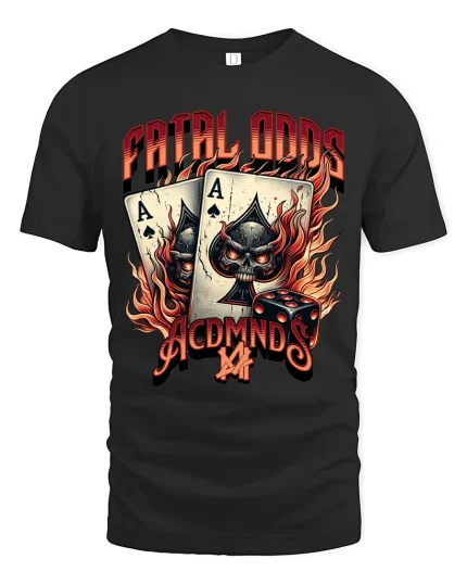 Fatal Odds Skull Aces Dice Gambling Graphic Tshirt With Fire Art - black t-shirt on white background