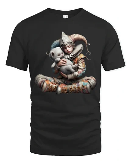 Whimsical Jester Child Hugging Cat Fantasy Graphic Tshirt Art - black t-shirt on white background