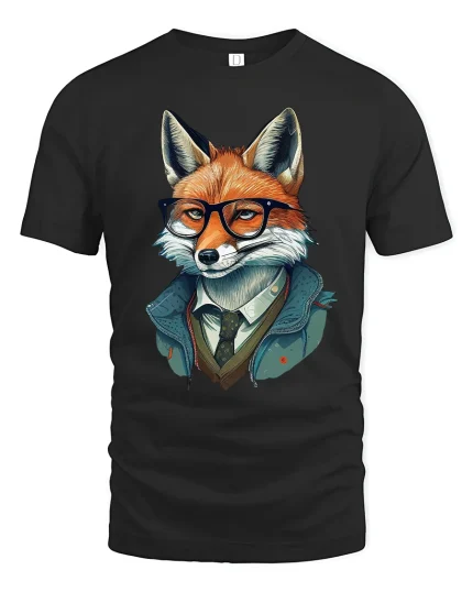 Smart Fox Gentleman Wearing Glasses Stylish Graphic Tshirt Art - black t-shirt on white background