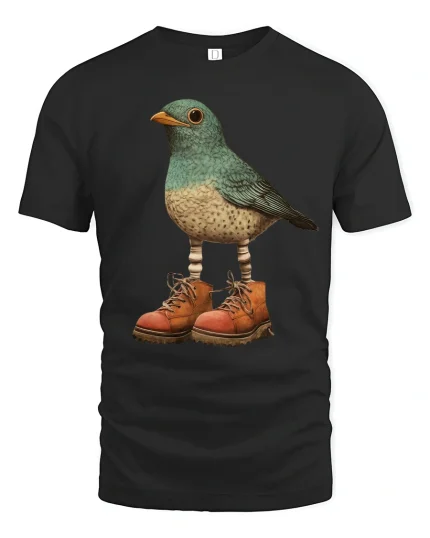 Funny Bird Wearing Boots Whimsical Animal Graphic Tshirt Art - black t-shirt on white background