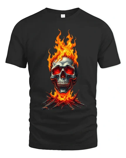 Burning Skull Fire Spirit Dark Fantasy Graphic Tshirt Art - black t-shirt on white background