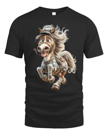 Funny Happy Cartoon Horse Running Free Graphic Tshirt Art - black t-shirt on white background