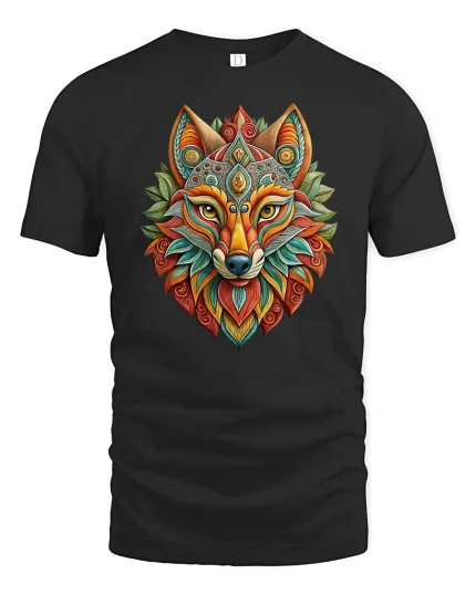 Colorful Sacred Fox Spirit Mandala Fantasy Graphic Tshirt Art - black t-shirt on white background