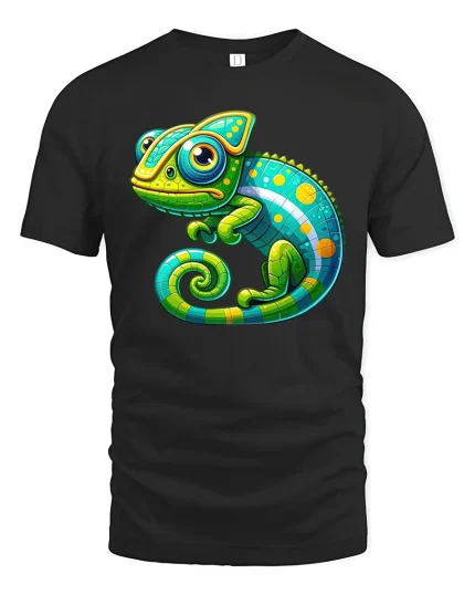 Cute Colorful Chameleon Cartoon Fantasy Graphic Tshirt Art - black t-shirt on white background