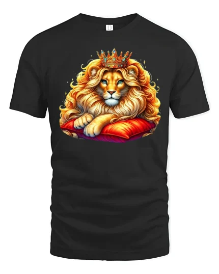 Majestic Royal Lion King Crown Fantasy Graphic Tshirt Art - black t-shirt on white background