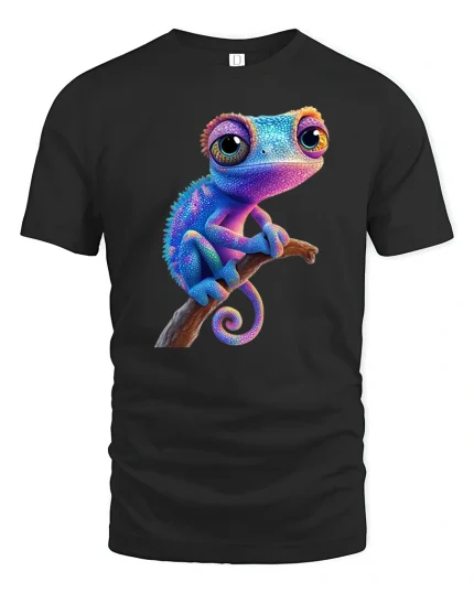 Cute Rainbow Chameleon Big Eyes Fantasy Graphic Tshirt Art - black t-shirt on white background