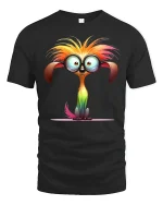 Funny Big Eyed Rainbow Creature Cartoon Graphic Tshirt Art - black t-shirt on white background