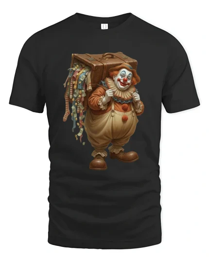 Funny Traveling Clown With Suitcase Money Graphic Tshirt Art - black t-shirt on white background