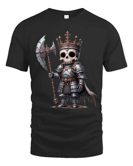 Cute Skeleton King Warrior Fantasy Graphic Tshirt With Dark Charm - black t-shirt on white background