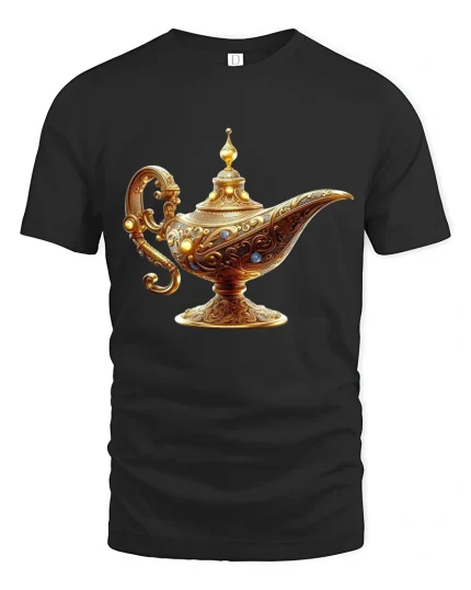 Magic Golden Genie Lamp Fantasy Graphic Tshirt With Wishful Vibes - black t-shirt on white background